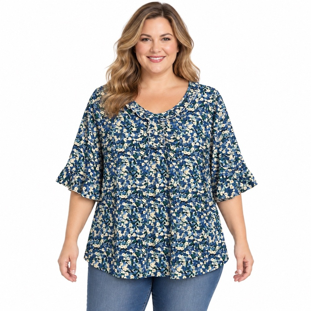 Plus Size Floral Ruffle Bell Sleeve Blouse Top XL